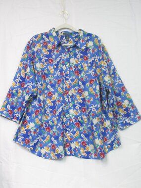 Lauren Ralph Lauren Blue White Floral Cotton Button Up Shirt 3/4  Sleeve Size 3X
